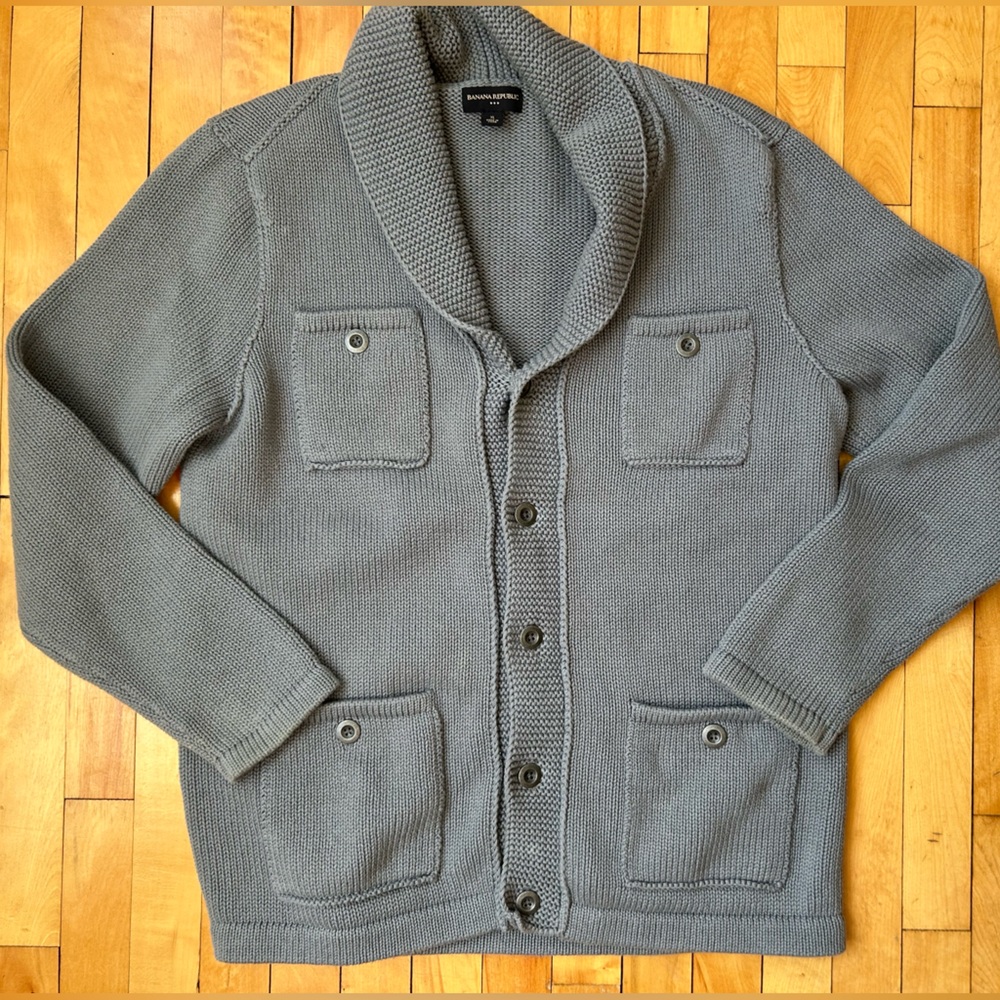 Banana Republic Cardigan Light Gray Knit Sweater Chunky Pockets Size XL